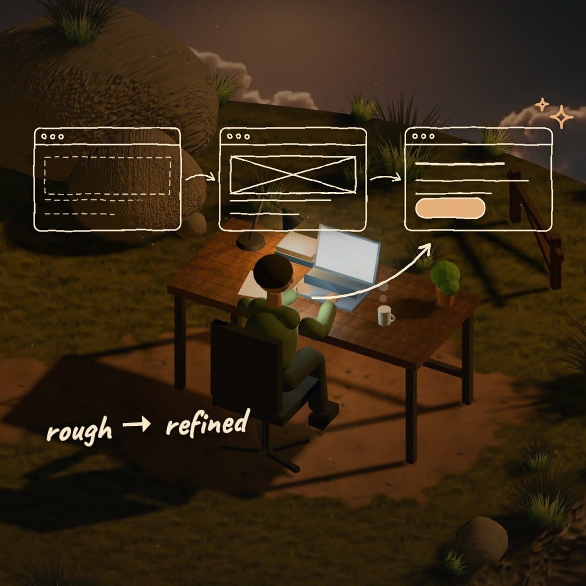 Three wireframes above the desk, going from a rough sketch to a refined screen