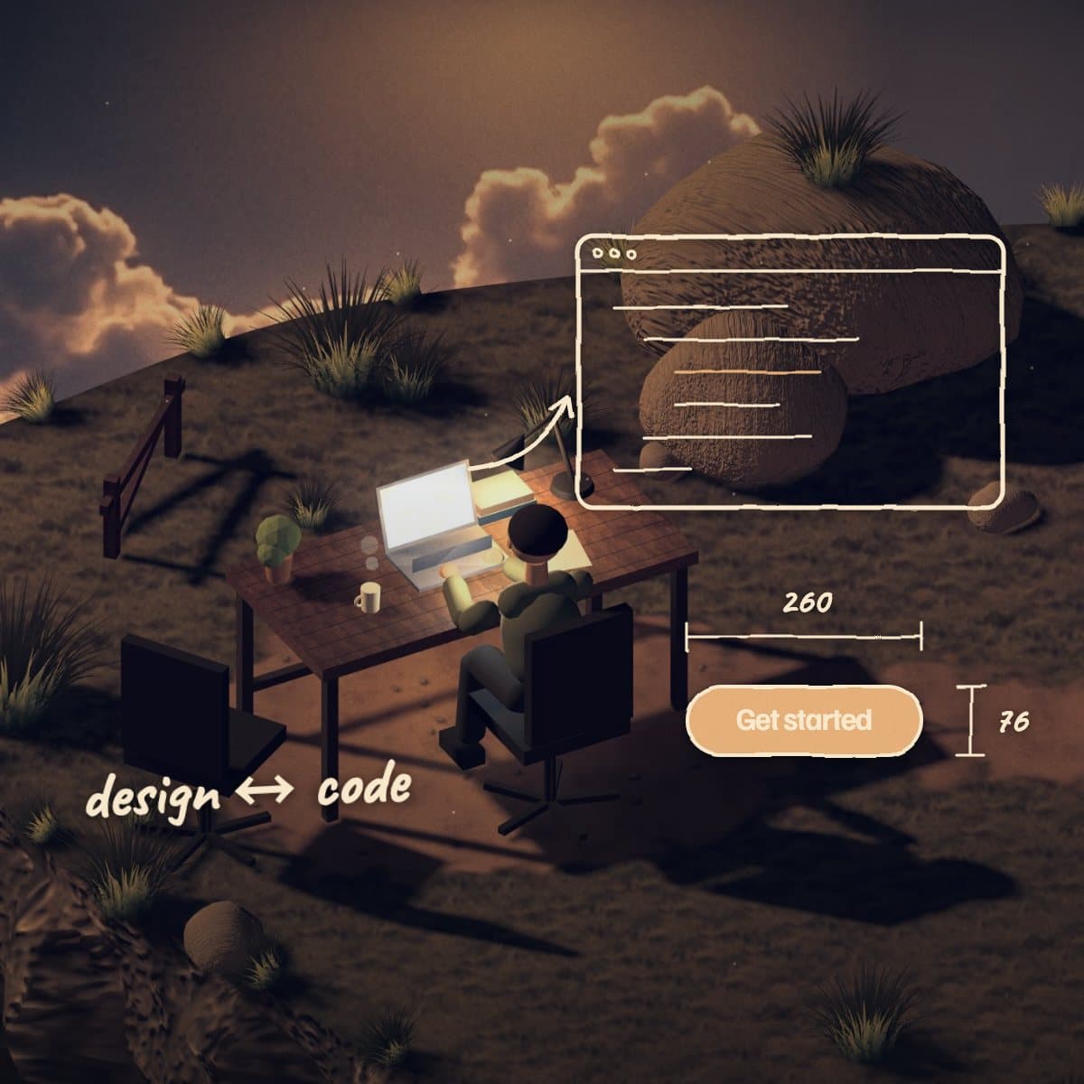 Code drawn coming out of the laptop at night, beside a measured button component