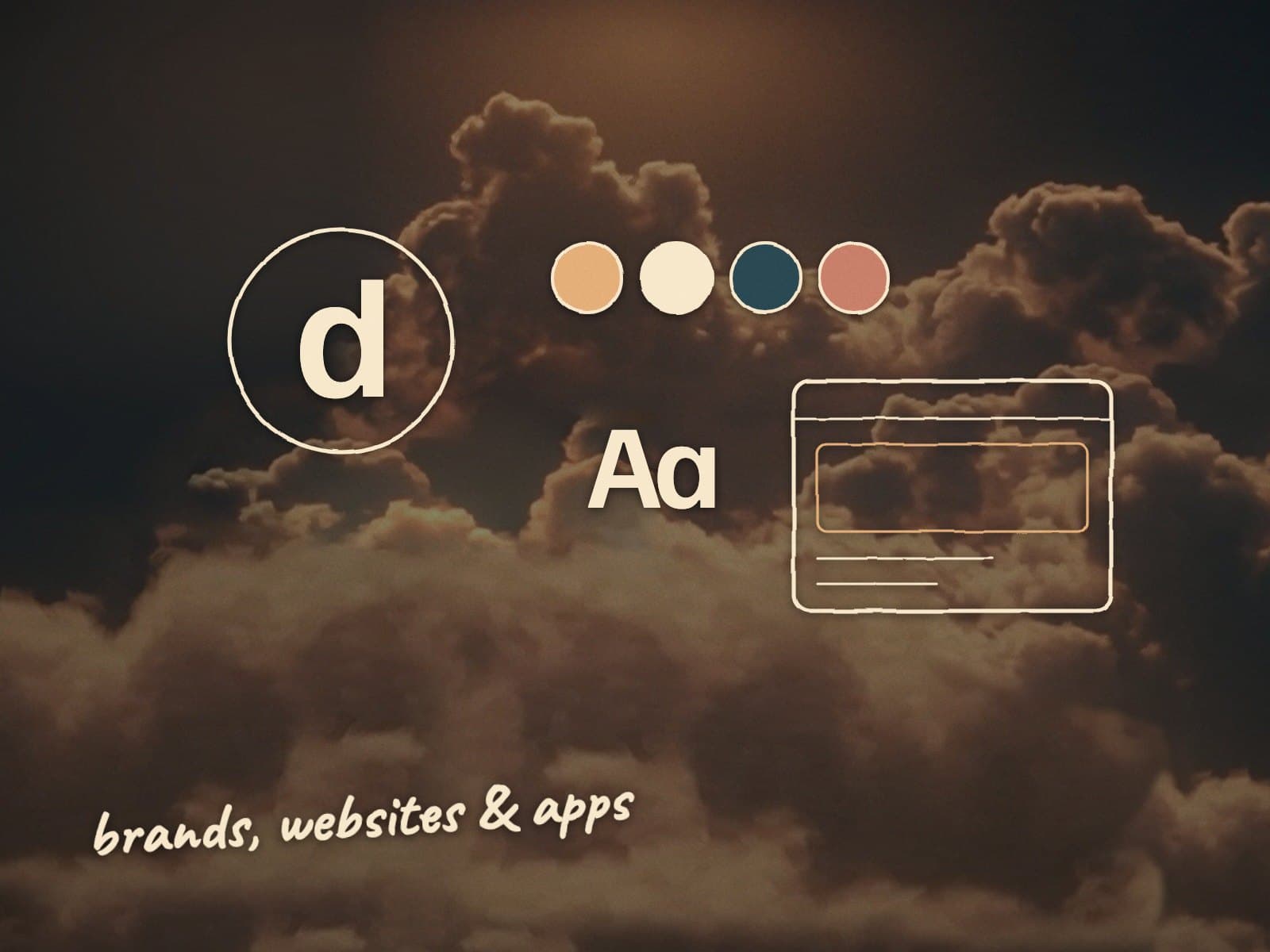 A hand-drawn brand board over dusk clouds